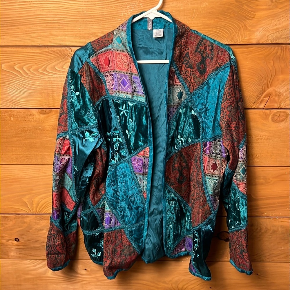 Anu Blazer‎ Womens XL Rich Funky Paisley Velvet Teal Blue Patchwork Art-to-Wear